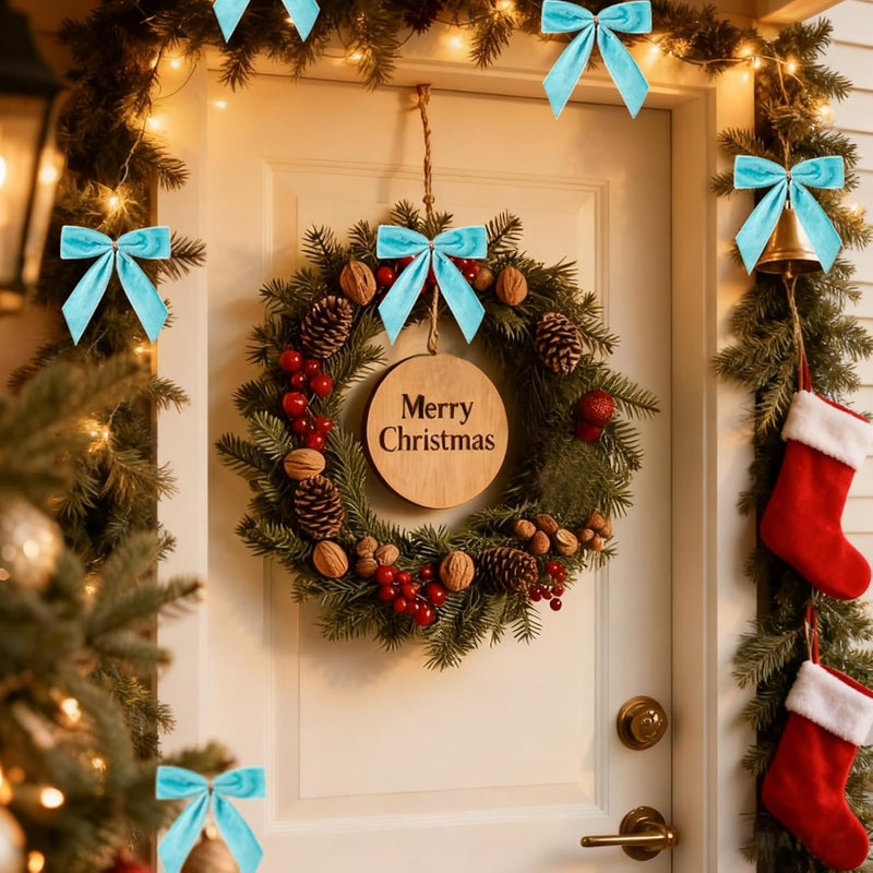 CCILAND Store 24 Pcs Blue Small Velvet Bows for Christmas Tree, 3.54 Inch Mini Christmas Bows for Gift Wrapping, Twist Tie Velvet Bows Xmas Ornaments for Wreath, Crafts, Party, Wedding - Image 3